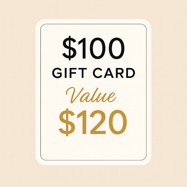 Gift card with $100 value and a $20 overage on a beige background