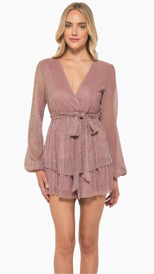 Front View: “Golden Glow Plissé Playsuit with wrap-front neckline and tiered design - Eva Jean Collective.”