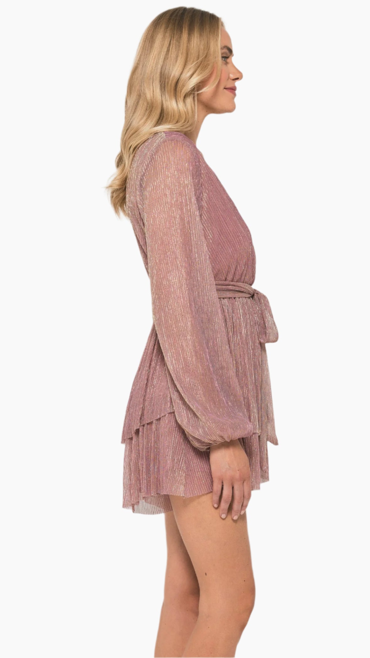 Side profile of plissé playsuit with gold details and self-tie waist - Eva Jean Collective
