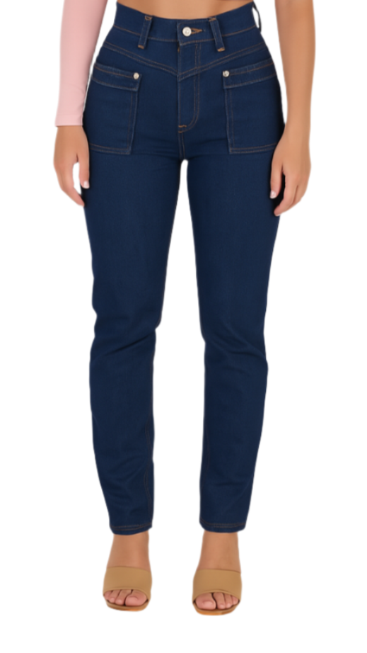 Navy blue jeans worn by a person on a white background