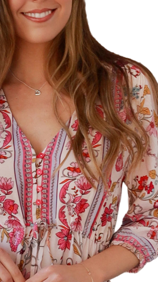 V-neckline and button detail on Miriam Floral Maxi Dress