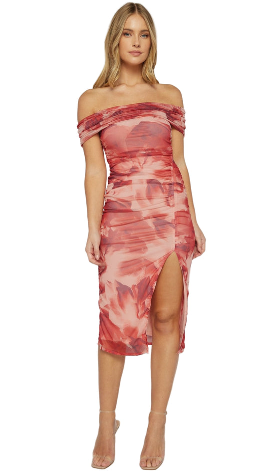 Side view of the Rose Allure Dress showcasing the abstract floral print and sleek leg split