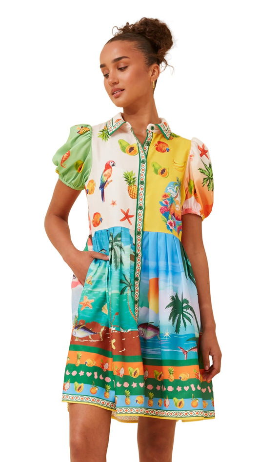 Close up of a woman wearing a colorful tropical-themed dress on a white background