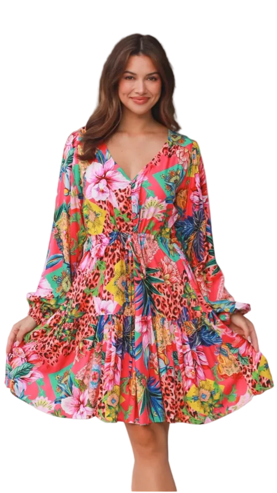 Woman wearing a colorful floral dress standing