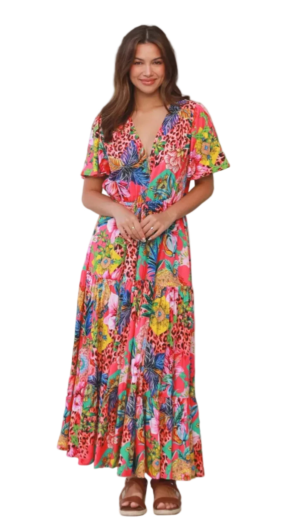 Woman wearing a colorful floral dress