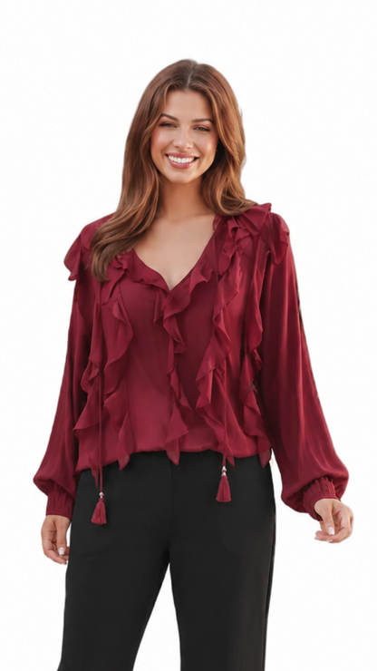 The Willow Ruffle Blouse - Chocolate, Berry Wine & Dusty Rose