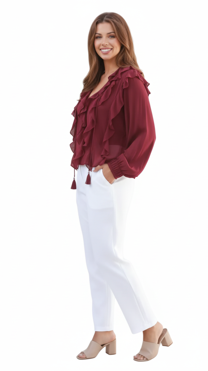 The Willow Ruffle Blouse - Chocolate, Berry Wine & Dusty Rose