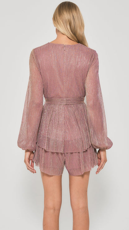 Back view of mauve playsuit with gold shimmer and sheer sleeves - Eva Jean Collective.