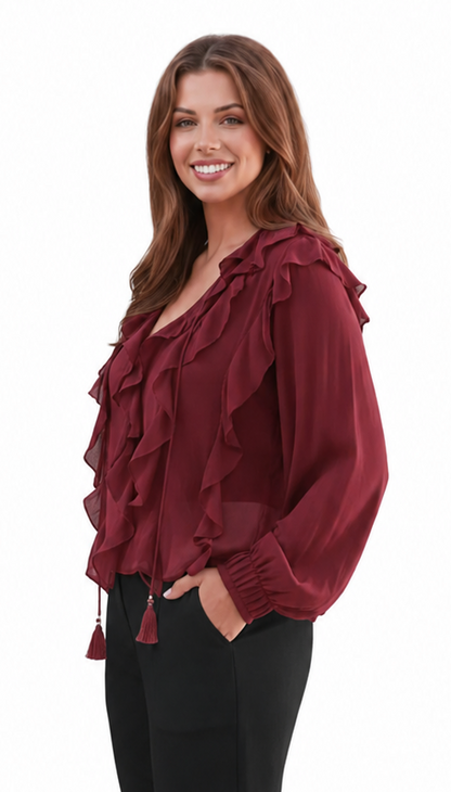 The Willow Ruffle Blouse - Chocolate, Berry Wine & Dusty Rose