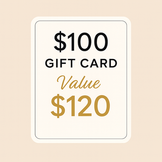 Gift card with $100 value and a $20 overage on a beige background