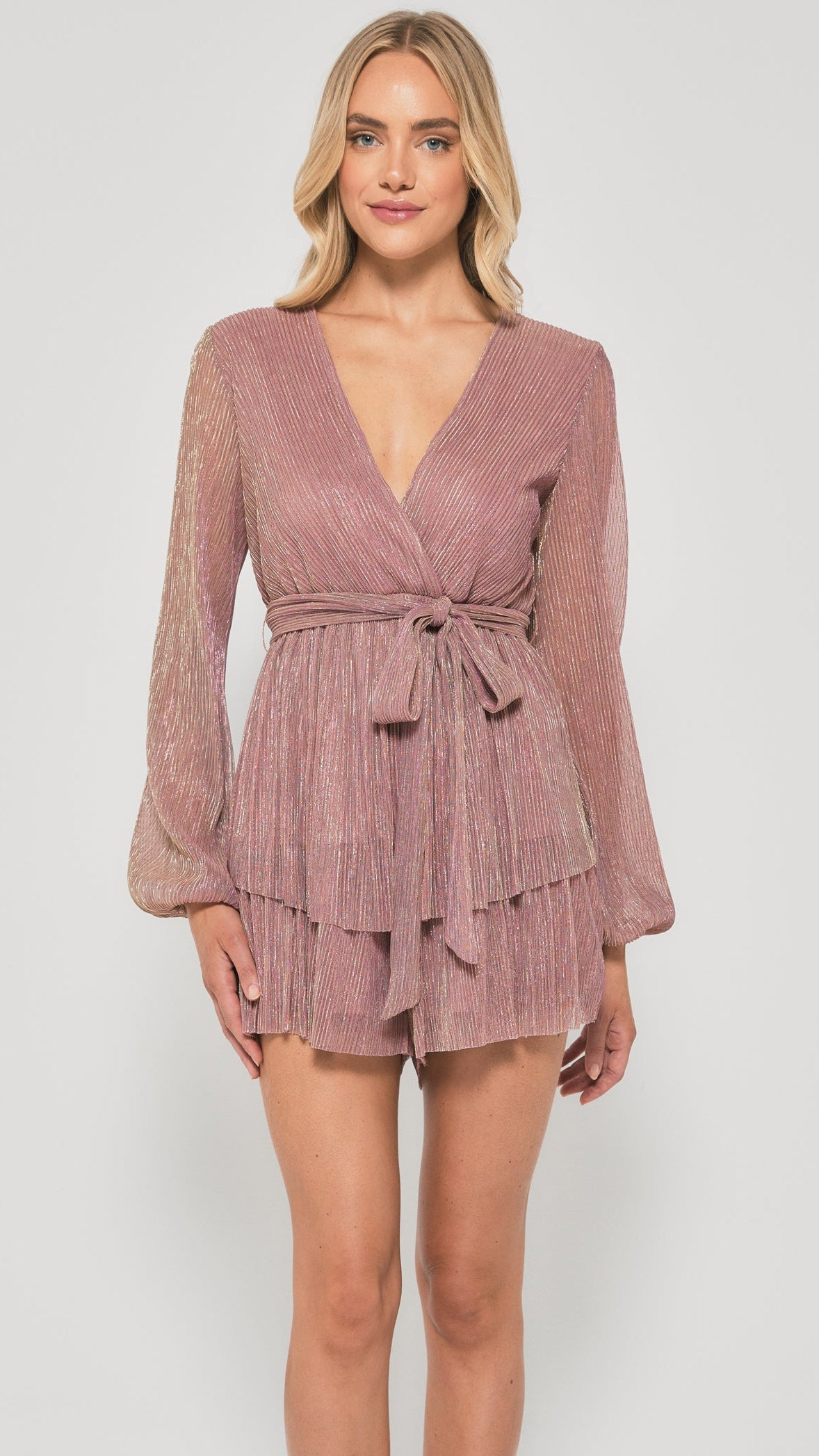 Front View: “Golden Glow Plissé Playsuit with wrap-front neckline and tiered design - Eva Jean Collective.”