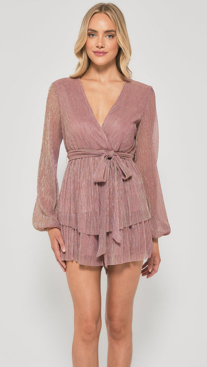 Front View: “Golden Glow Plissé Playsuit with wrap-front neckline and tiered design - Eva Jean Collective.”