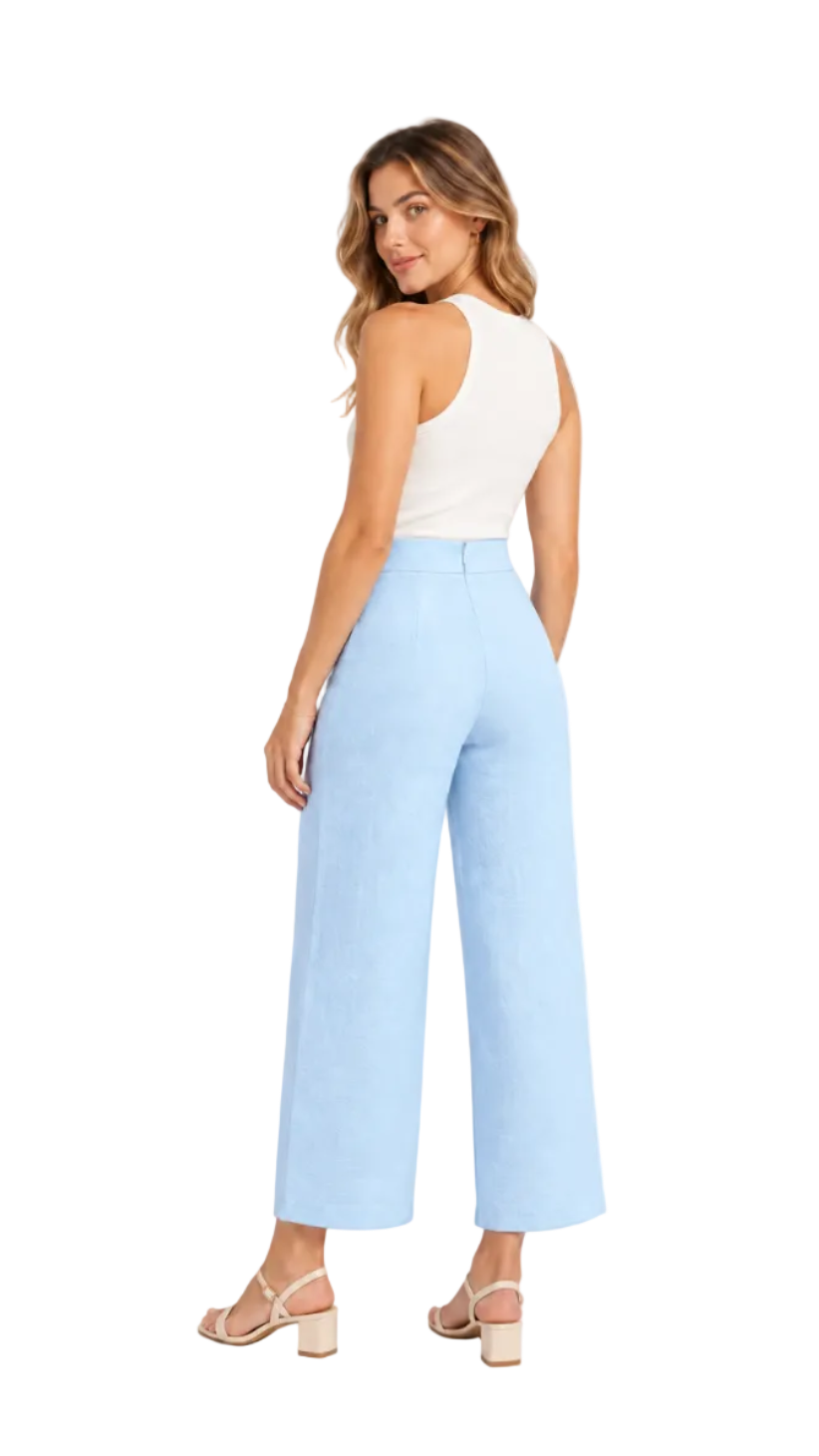 A woman shown from the back wearing light blue wide-leg cropped pants, a white sleeveless top, and beige heeled sandals against a plain white studio background.