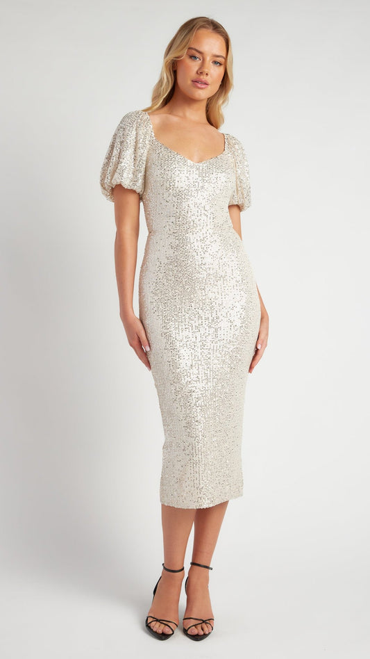 The Hollywood Glam Midi Dress - Champagne