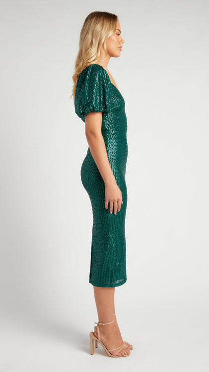 The Hollywood Glam Midi Dress - Emerald Green