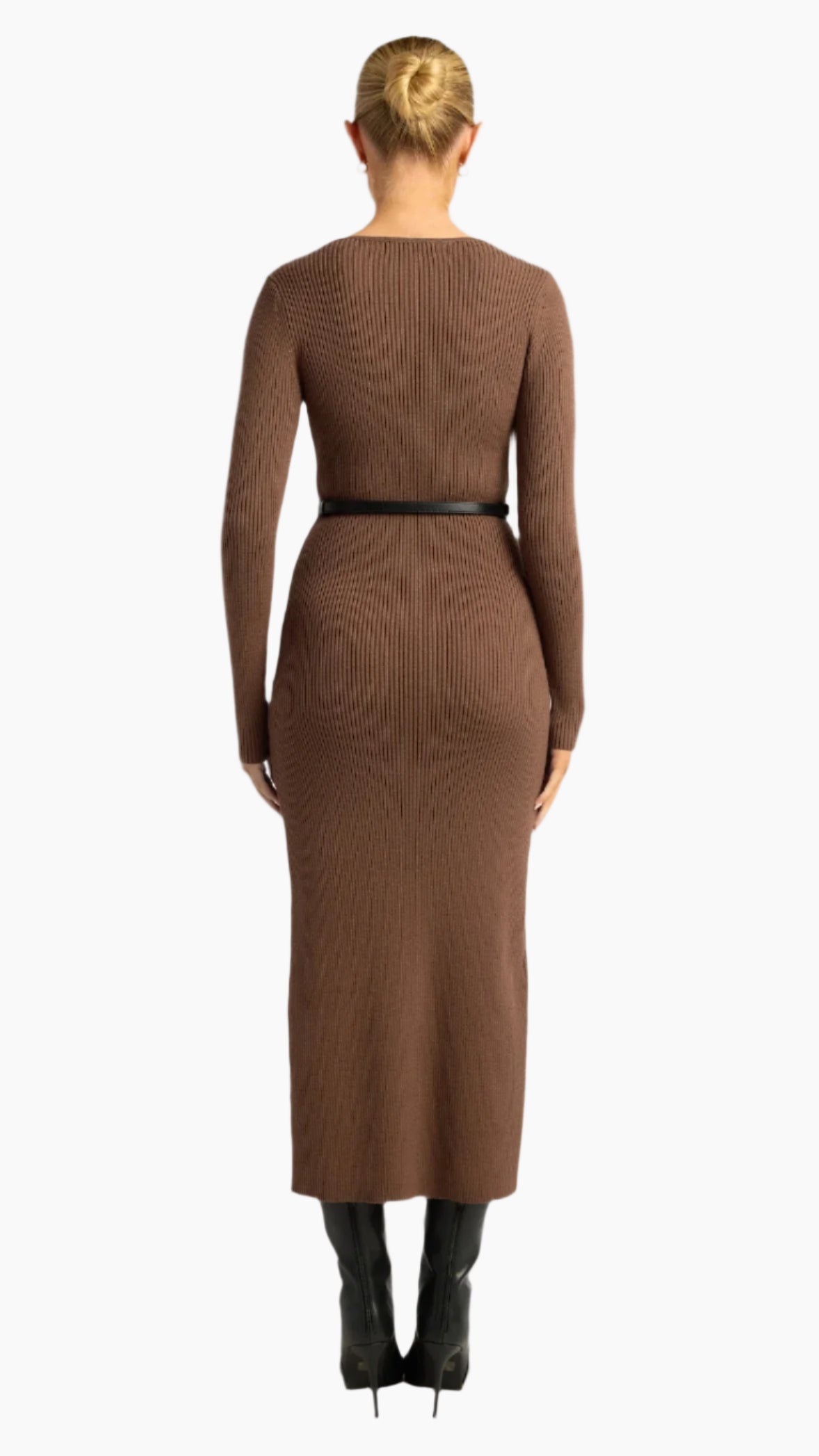 Back view of the dress with long sleeves and belt