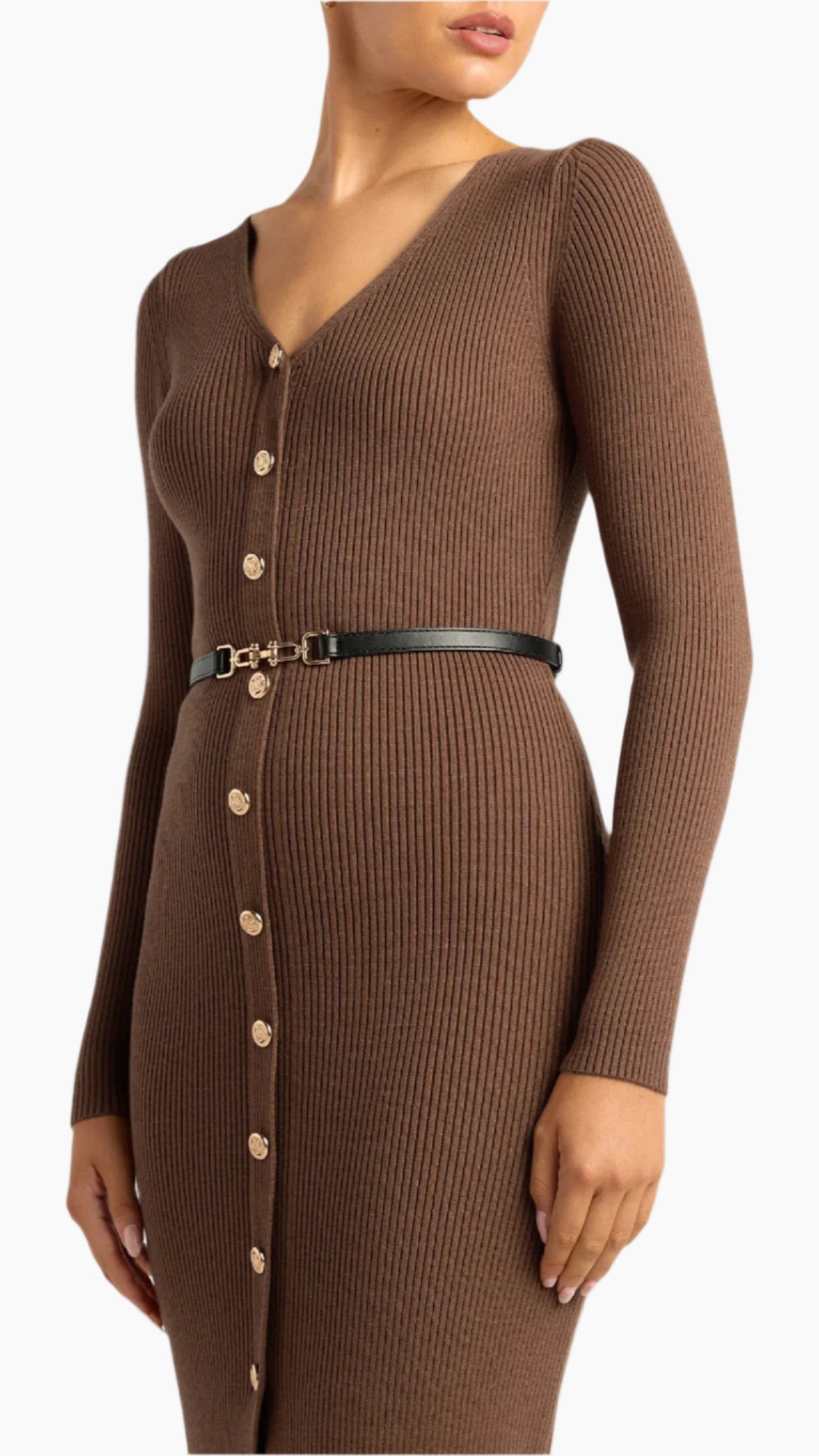 Close up of dress showing button detail and belt