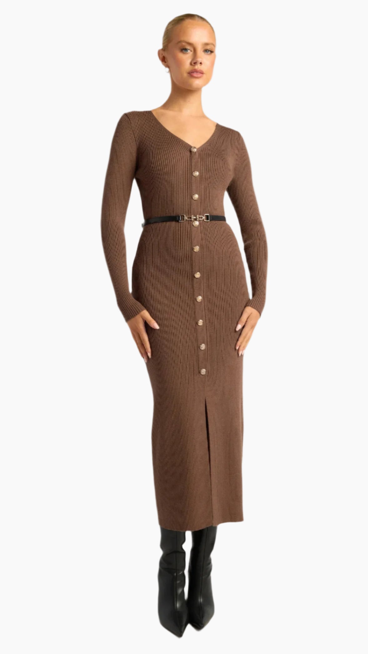Front view - The Alexis Reign Knit Dres with button front and belt