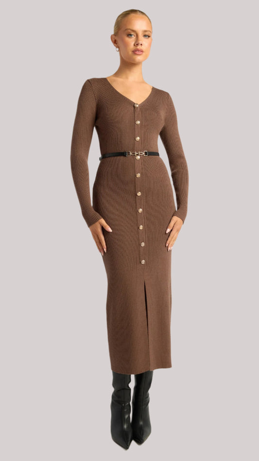 Front view - The Alexis Reign Knit Dres with button front and belt