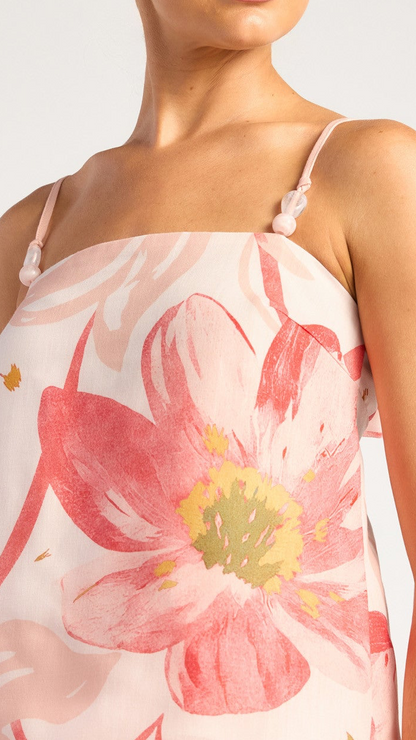 Floral top with pink flowers and faux bead details on straps