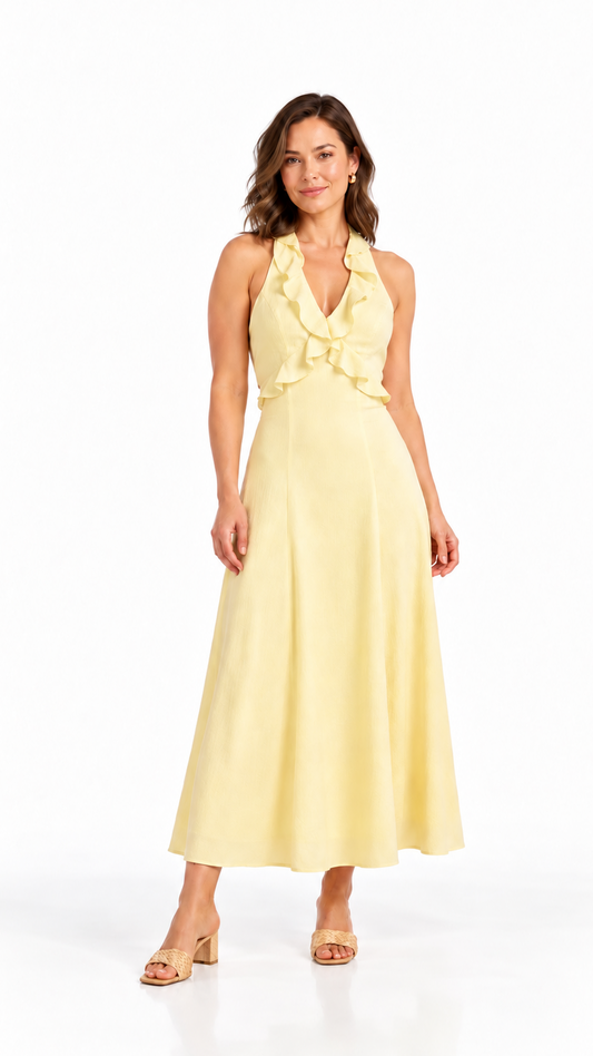 A woman modeling a pale yellow halter-neck maxi dress with ruffled trim at the neckline and waist, photographed against a clean white studio background.