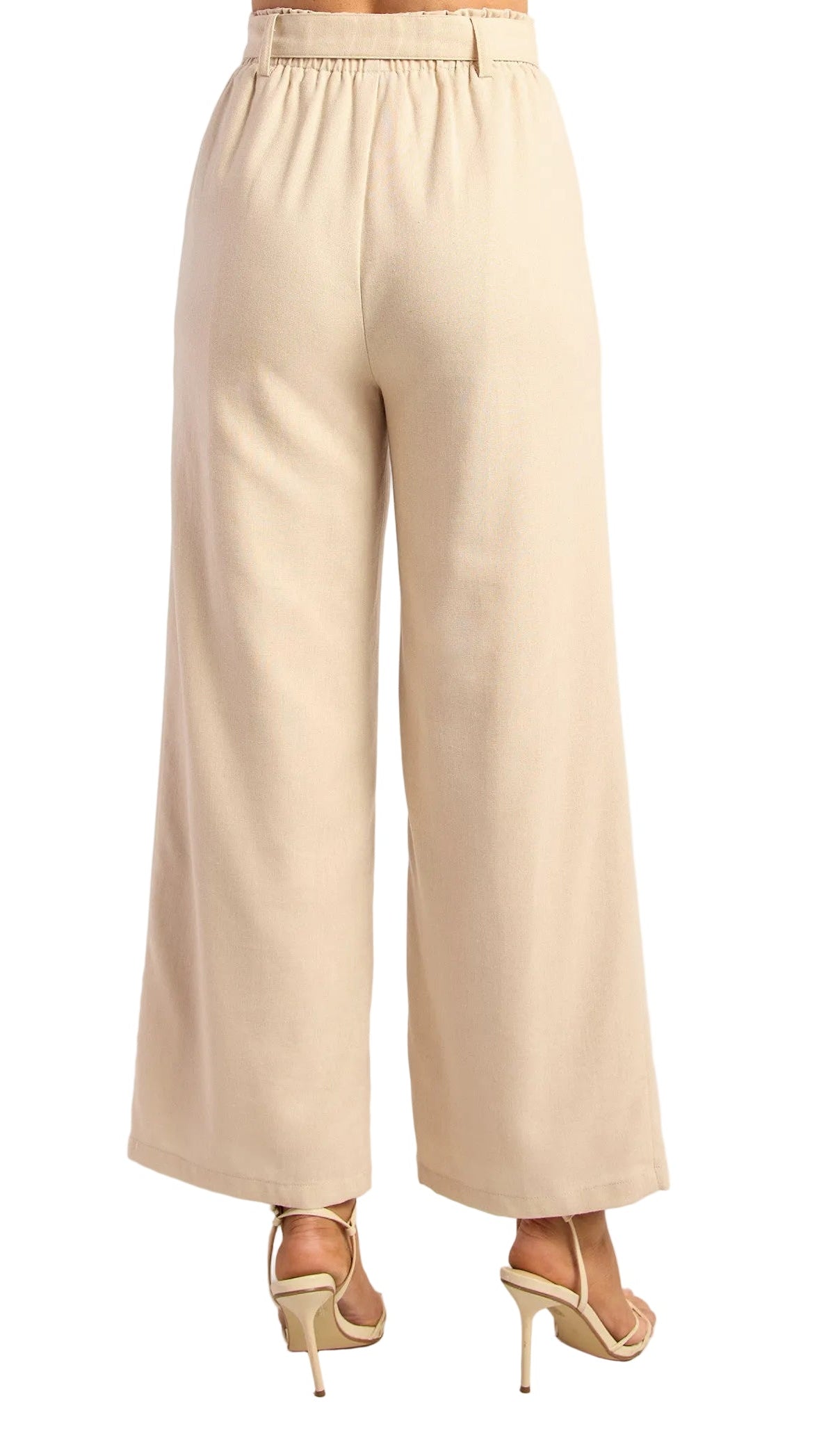 Back View of Beige wide-leg pants on a white background