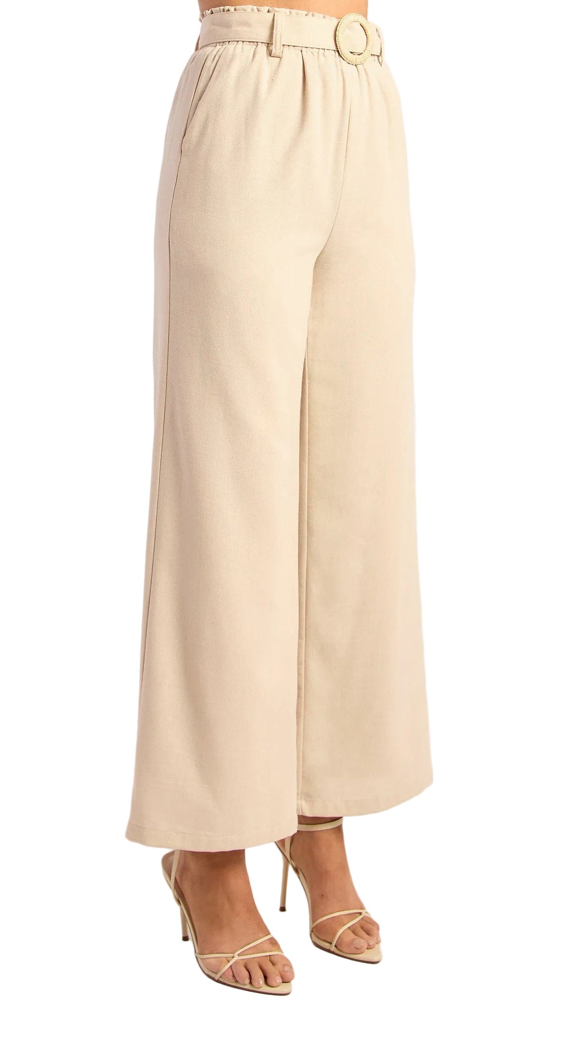 Beige wide-leg pants on a white background