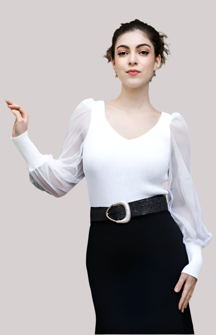 Elegant outfit styled with Celeste Top and wide belt