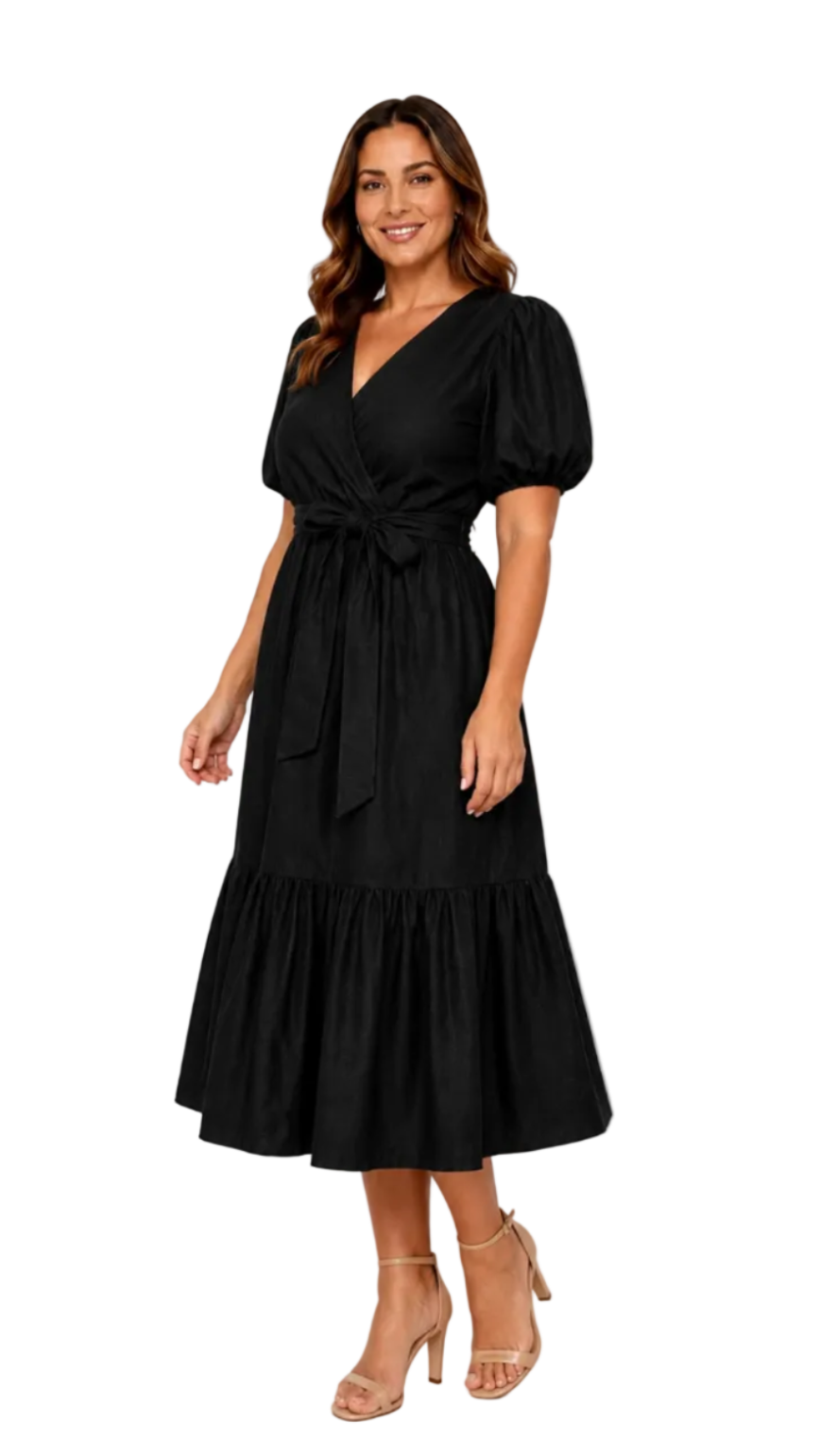 A woman modeling a black midi faux wrap dress with puff sleeves, a tied waist, and a tiered skirt, paired with beige high-heeled sandals against a plain white background.