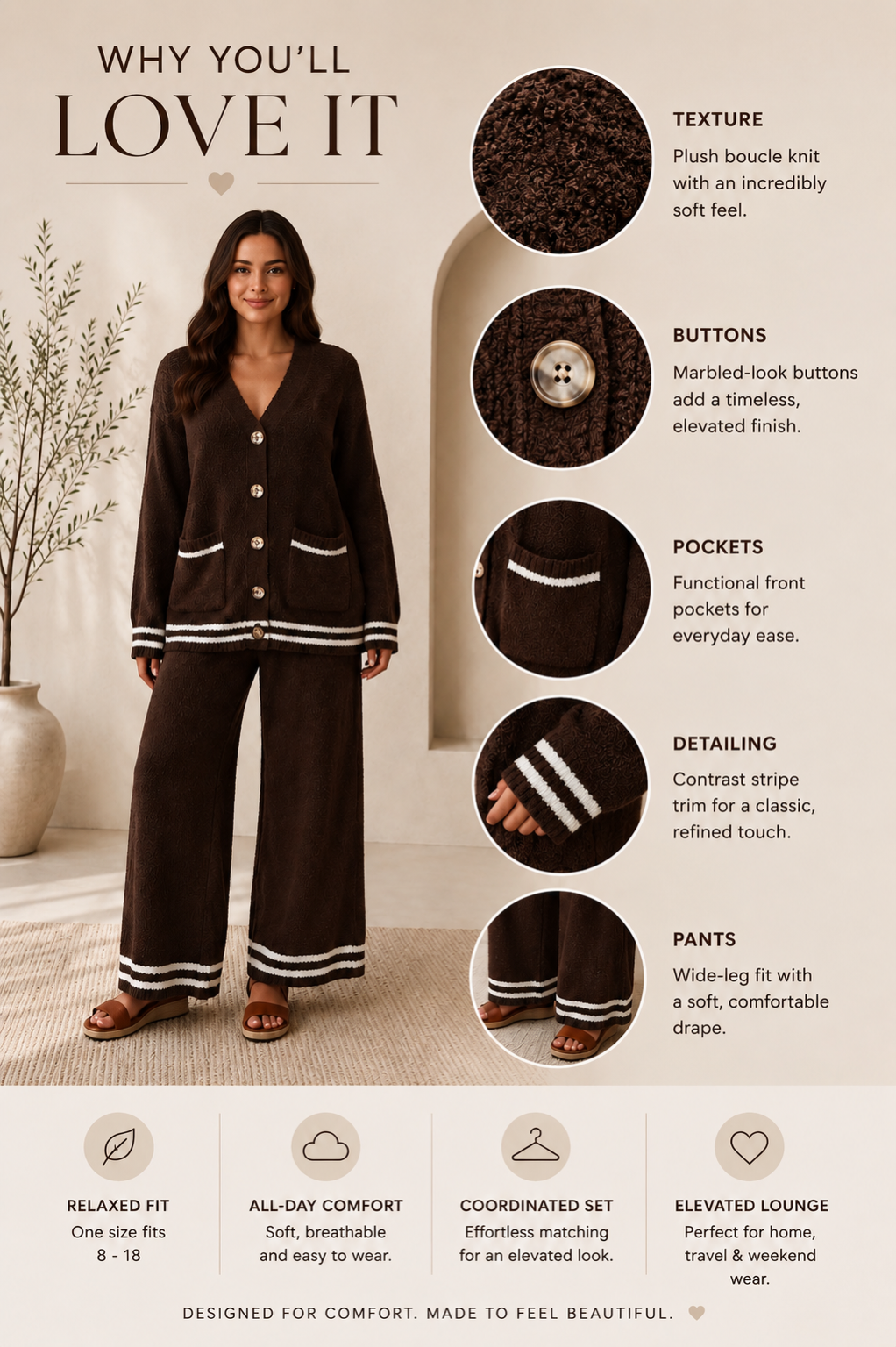 A promotional product image for a women's knit lounge set, featuring a model wearing a dark brown button-front cardigan and matching pants with white stripe accents. The image includes detailed feature callouts on the right side with text labels for texture, buttons, pockets, detailing, and pants, and a summary of benefits at the bottom.