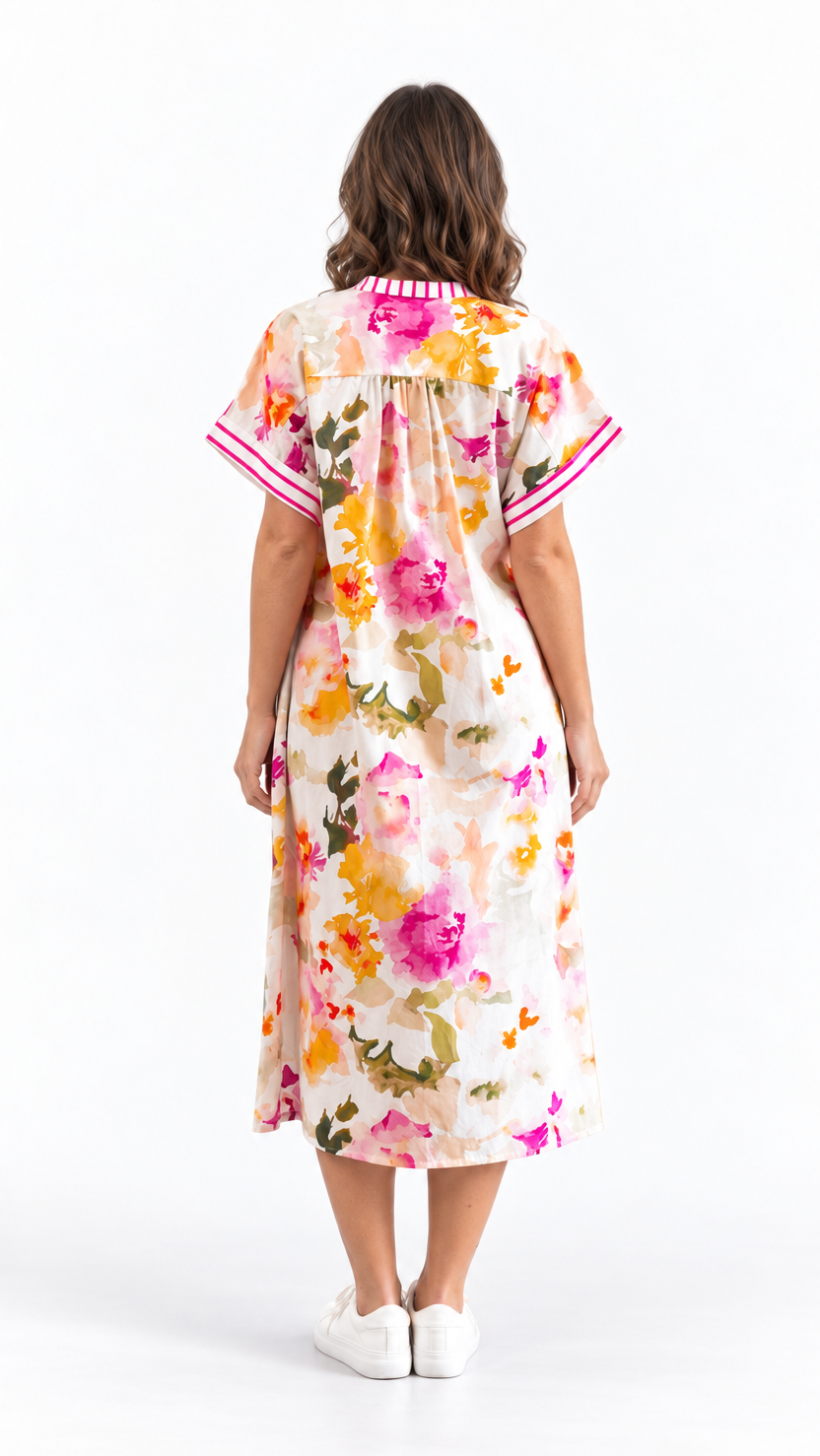 A woman viewed from behind wearing a short-sleeve midi dress with a colorful floral print on a cream background, featuring pink and white striped trim on the collar and sleeve cuffs, paired with white sneakers against a white studio background.