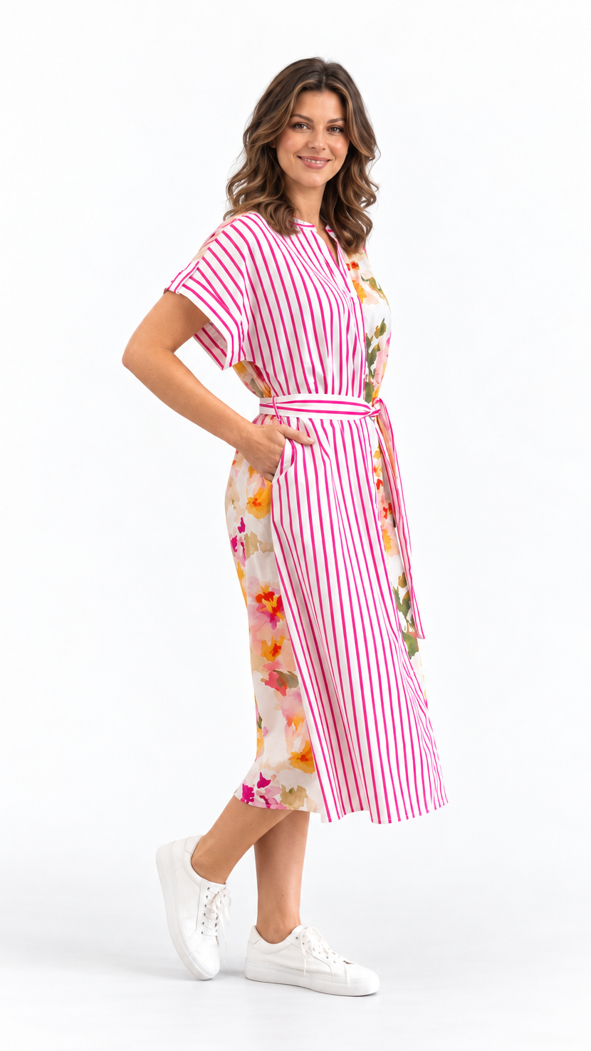 A woman modeling a short-sleeve midi wrap dress with pink and white vertical stripes on the bodice and floral print panels on the skirt and sides, paired with white sneakers against a plain white studio background.