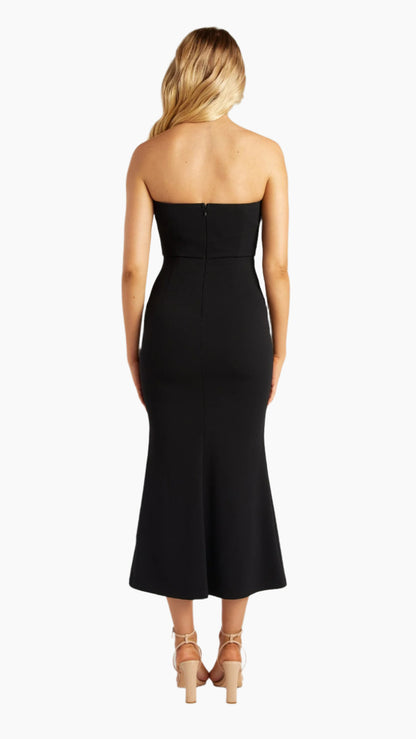 Back view of strapless black midi dress with invisible zip