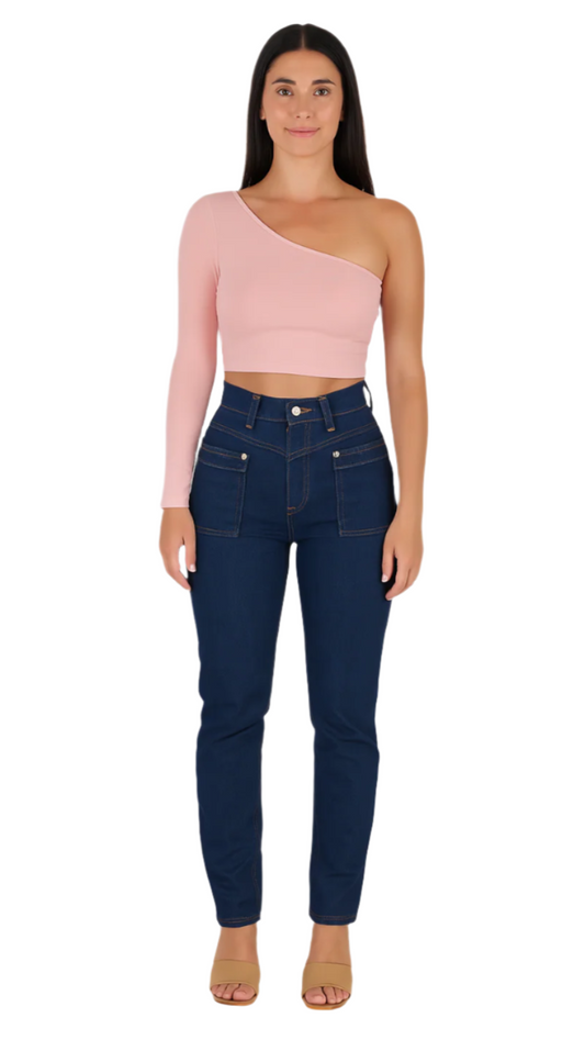 Woman wearing a pink one-shoulder top and dark blue jeans on a white background