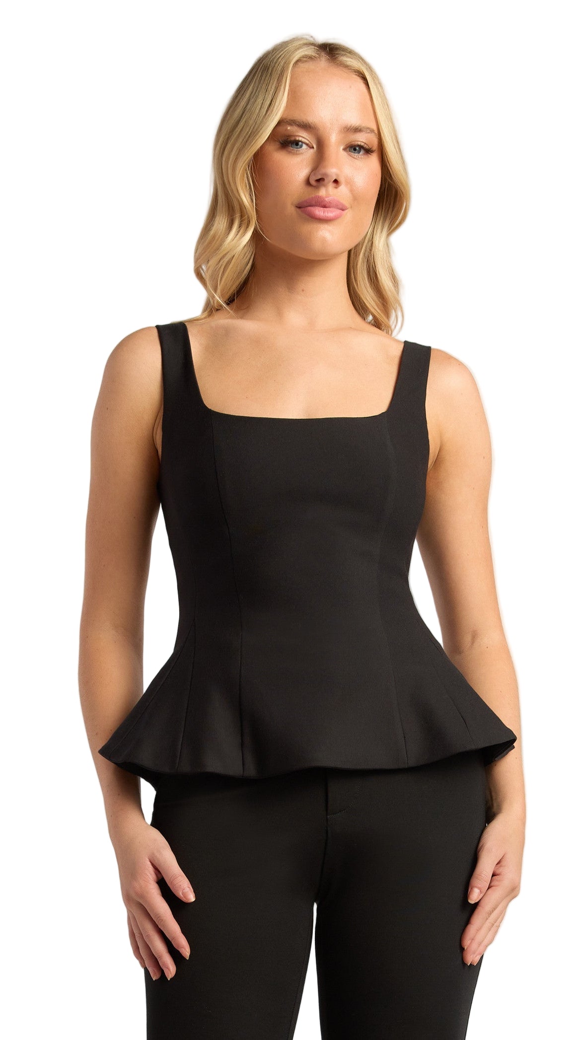 Midnight Refrain black peplum top with scoop neckline and fitted waist worn by model