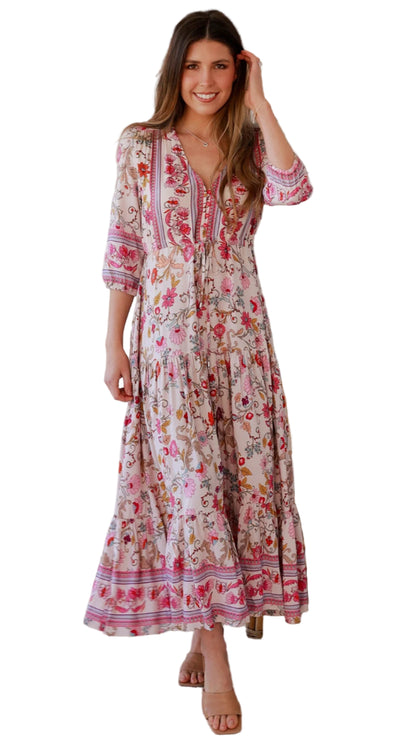 Miriam Floral Maxi Dress in pink floral print, full length front view