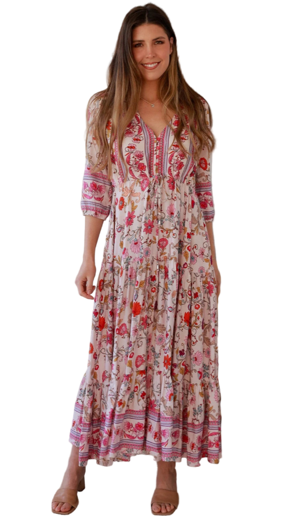 Miriam Floral Maxi Dress in pink floral print, full length front view