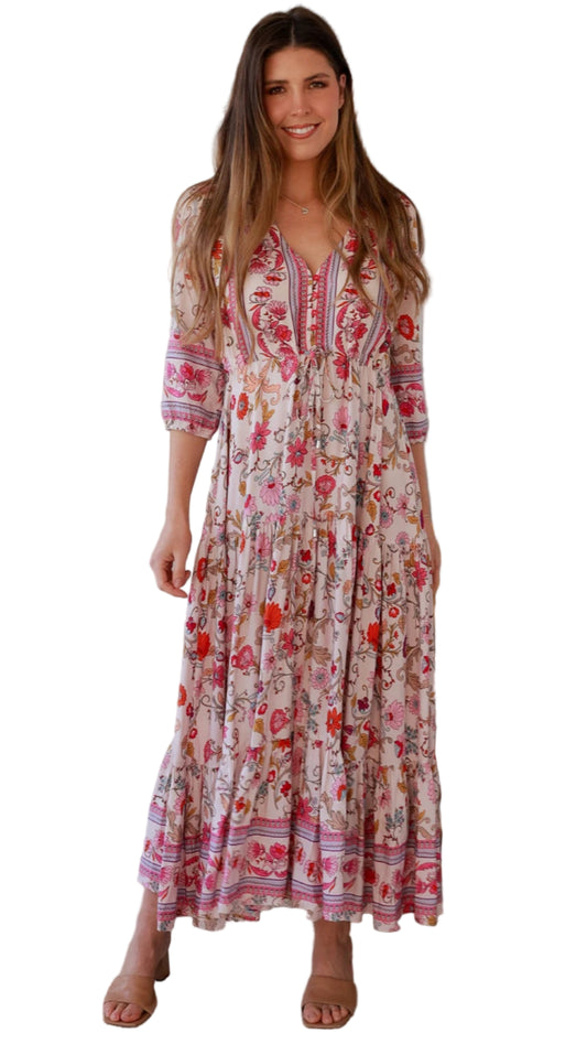 Miriam Floral Maxi Dress in pink floral print, full length front view