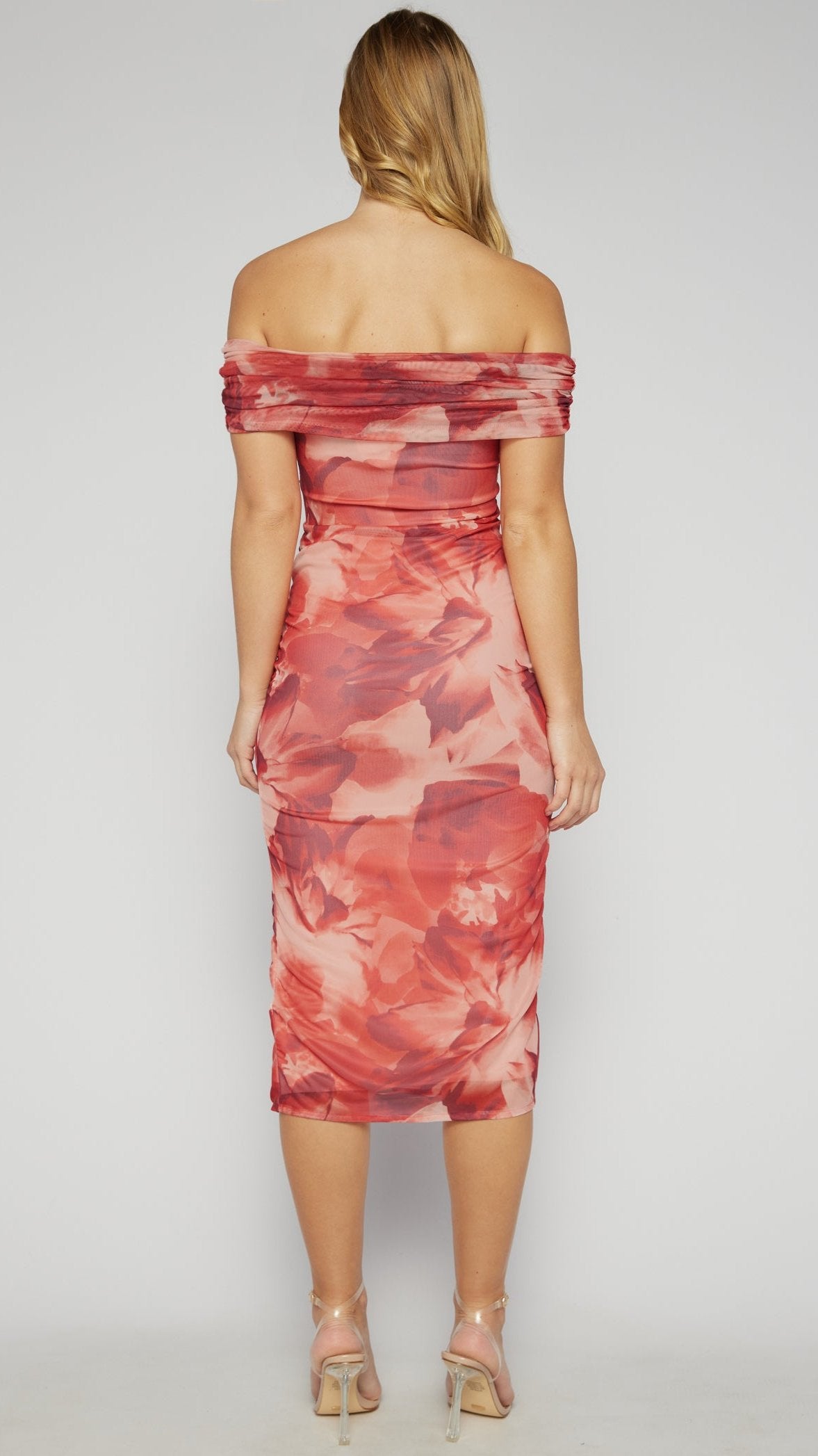 Back view of the Rose Allure Dress highlighting the off-shoulder neckline and elegant silhouette