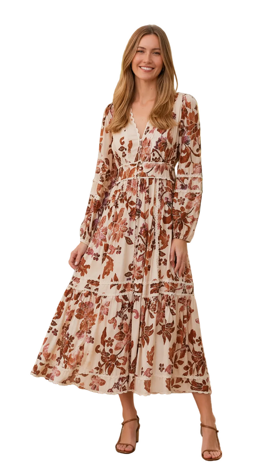 Woman wearing a floral dress on a white background