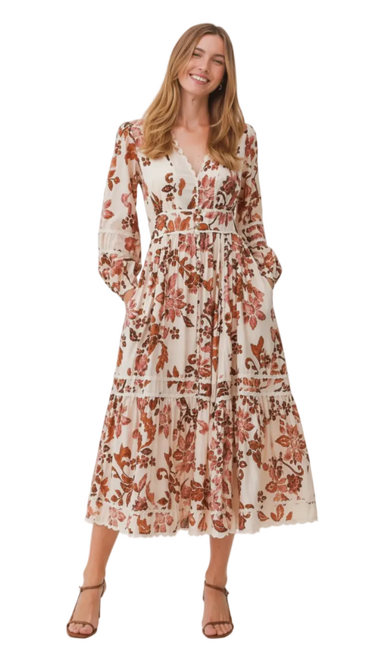 Woman wearing a floral dress on a white background