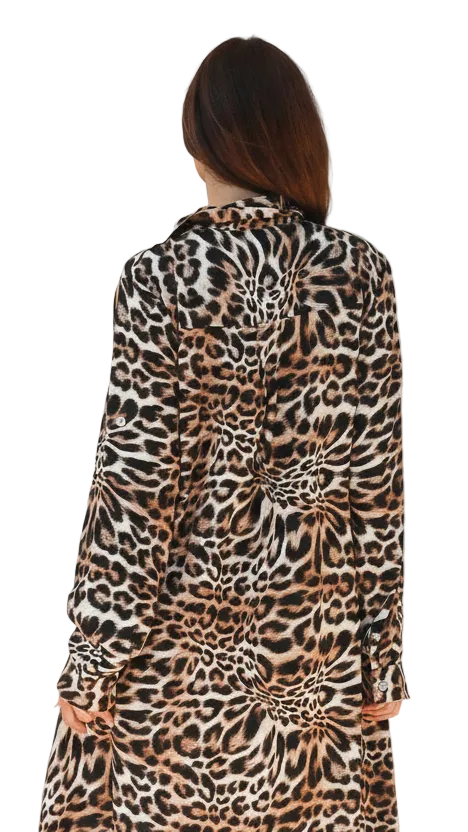 Savannah Chic leopard print shirt dress back view showing relaxed A-line shape and back pleat detail.