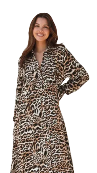 Savannah Chic leopard print shirt dress featuring collared neckline, roll-up sleeves and relaxed flowing silhouette.