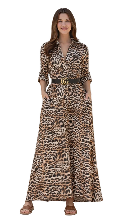 Savannah Chic leopard print maxi shirt dress styled with black belt, relaxed A-line silhouette with full button-through front.