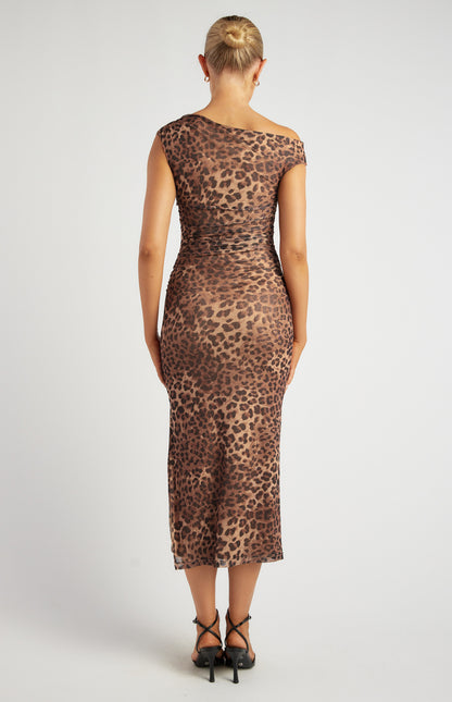 Back view of the Fierce Elegance Mesh Dress in leopard print