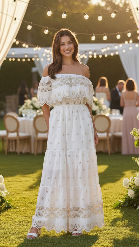 Woman in a white lace dress standing outdoors at a wedding reception.