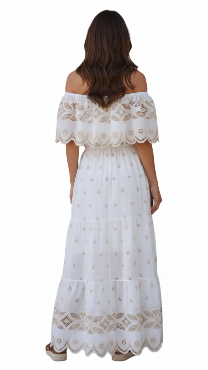 Back view of Valencia off-shoulder embroidered cotton maxi dress with tiered skirt