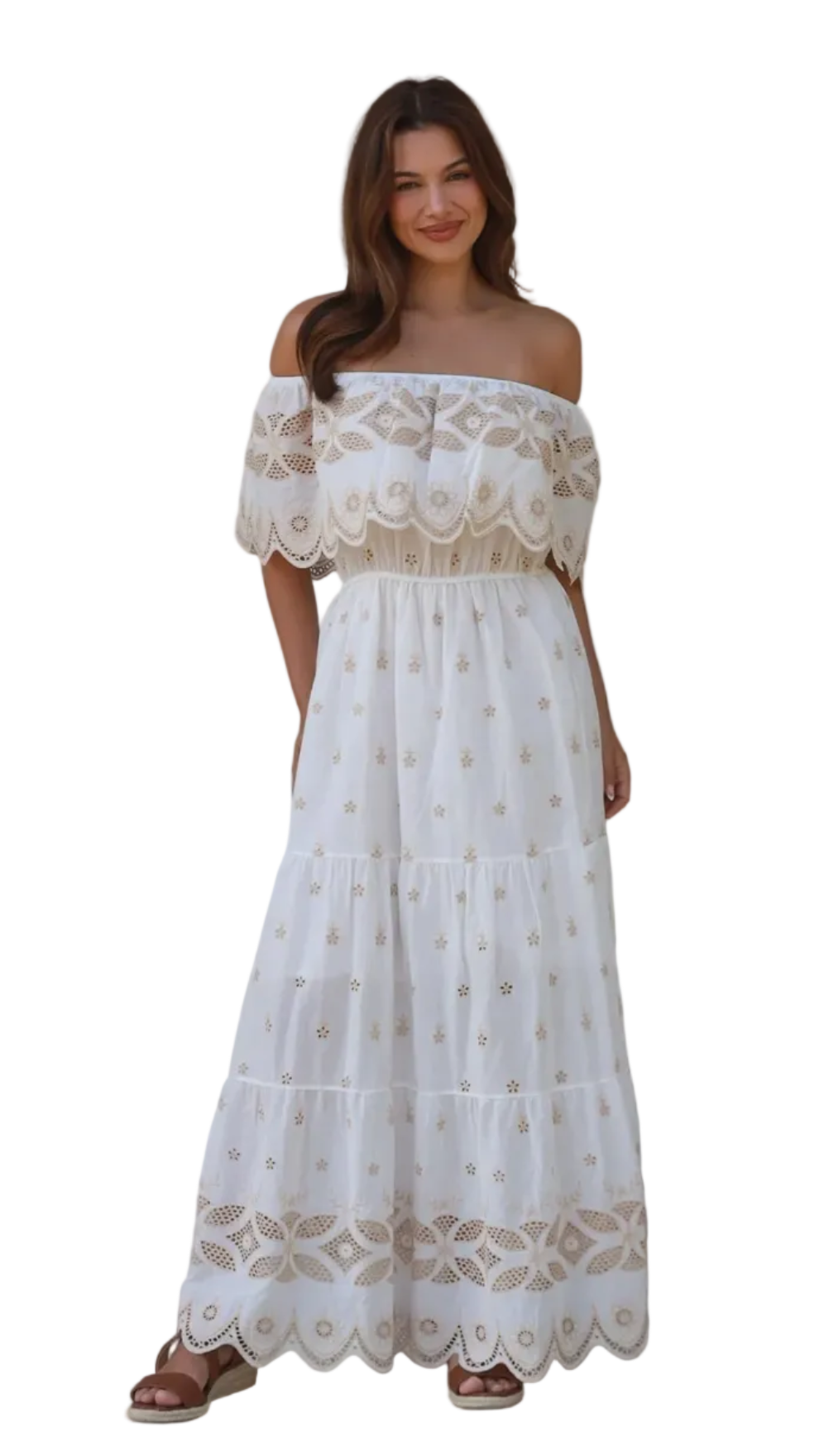 Valencia white embroidered cotton maxi dress styled off the shoulder