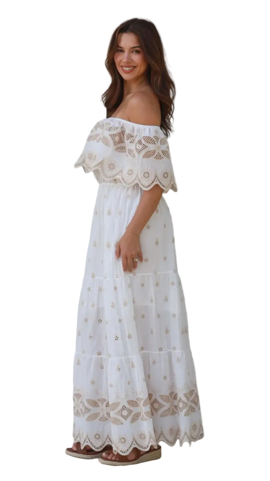 Side view of Valencia white embroidered cotton off-shoulder maxi dress