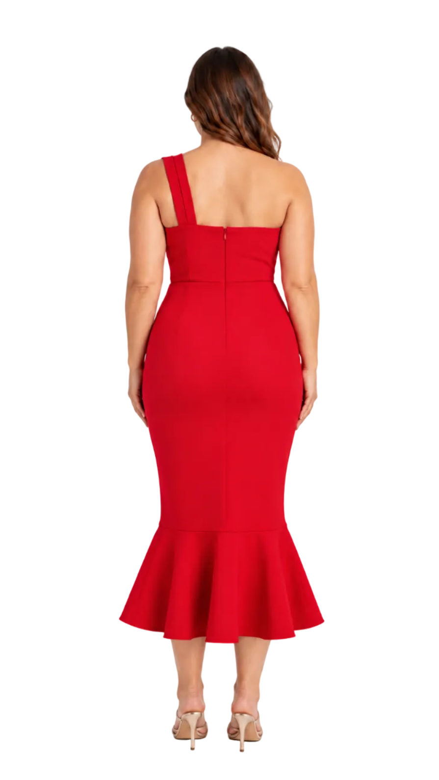 A woman viewed from the back wearing a bright red one-shoulder midi dress with a fitted waist and flared ruffled hem, paired with beige high-heeled sandals against a plain white studio background.